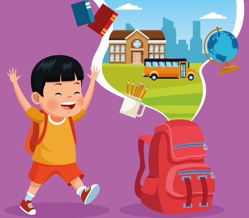 Cute student boy with backpack and school and classroom cartoons on colorful background, back to school concept. vector illustration graphic design